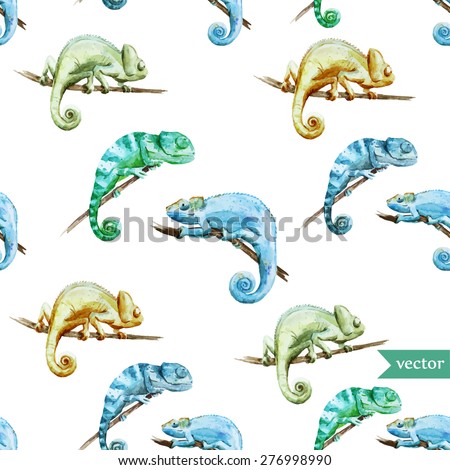 watercolor vector pattern with chameleons reptiles