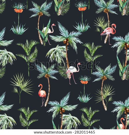 watercolor tropical retro pattern, palm trees and flamingos dark background