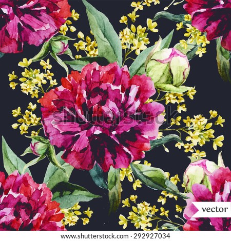 watercolor vector seamless pattern of peony flowers, yellow flowers, black background