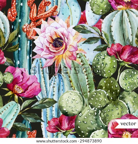 watercolor vector pattern with flowers roses and cactus, bright tropical pattern, dark background