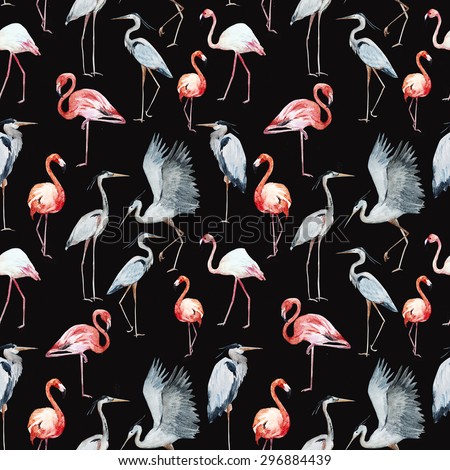 watercolor pattern with birds flamingos, storks, herons, a simple pattern seamless dark background