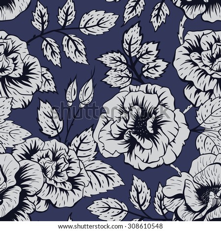 Vector seamless pattern with flowers rose, monochrome,drawing hands rose flower, black line