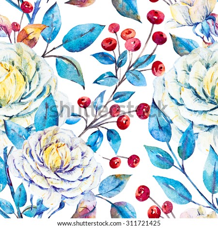 watercolor bright beautiful pattern with roses and red berries, blue leaves, seamless wallpaper, painting, white background