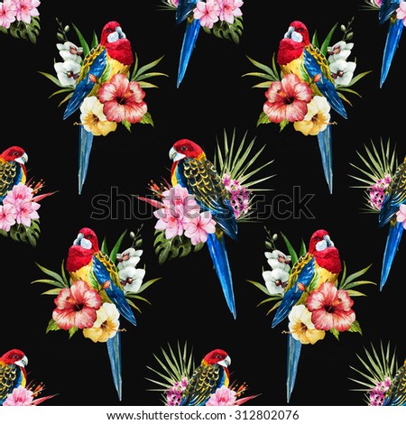 watercolor tropical pattern Rosella parrot, bright colorful exotic pattern, birds, orchids, hibiscus flowers on a dark background