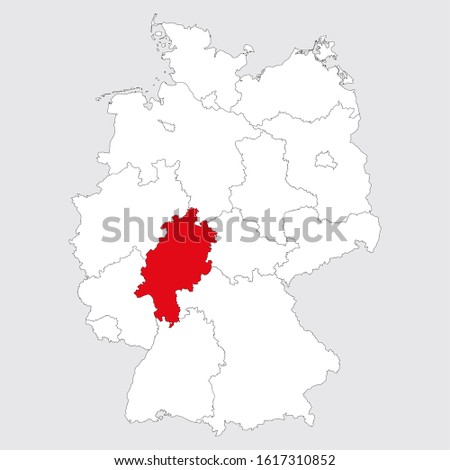 Hesse province highlighted on germany map. Gray background. German political map.