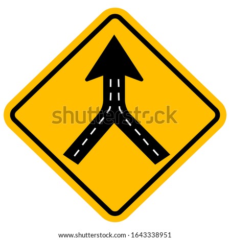 Warning sign two way road merge. Traffic symbol. Yellow background.