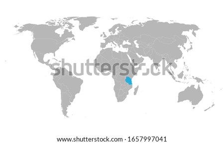 Tanzania highlighted blue on world map. African country. Perfect for business concepts, backgrounds, backdrop, poster, chart, banner, label, sticker and wallpapers.