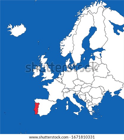 Portugal map highlighted on europe continent. White on blue background. Perfect for business concepts, backgrounds, backdrop, poster, sticker, banner, label and wallpaper.