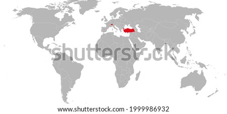 Switzerland, turkey countries highlighted red on world map. Geographical map backgrounds.