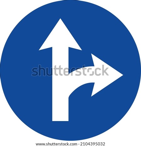 Compulsory ahead or right turn sign. Blue circle Background. Traffic signs and symbols.