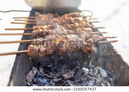 A lot of juicy meat kebabs in a row on the grill. Meat pieces strung on wooden skewers on the grill. The process of cooking kebabs with a lot of smoke. Cooking in nature Imagine de stoc © 