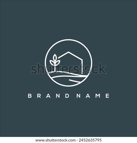 line art river house and leaf circle logo vector