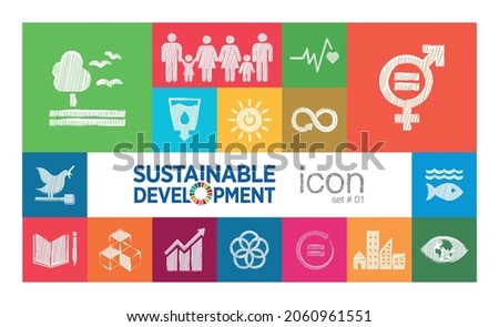 Icon set sketch of Sustainable Development social work. Corporate social responsibility project resource. Goals to success. Vector Icon. Foto stock © 