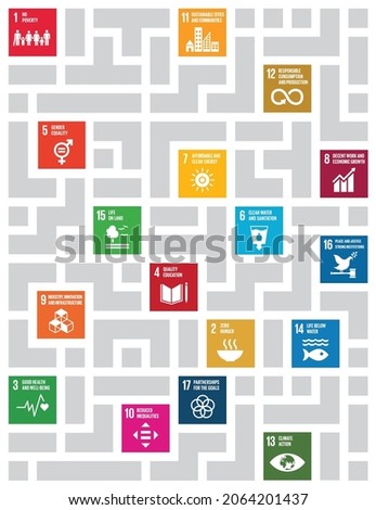 Sustainable Development Puzzle Maze concept to achieve the goals. Goals to success. Brochure, Annual report, cover, Poster templates ready made design. Vector Icon. Foto stock © 