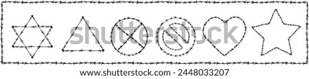 Heart, star, triangle,no, don't sign made of Barb wire brush. graphics resources. Brushes, Shapes, border and pattern texture design vector graphic. 