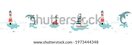 Cute hand drawn marine seamless pattern, lovely creatures, lighthouse, ship and decoration, background, great for children's textiles, banners, wallpapers, wrapping, swimsuits - vector design
