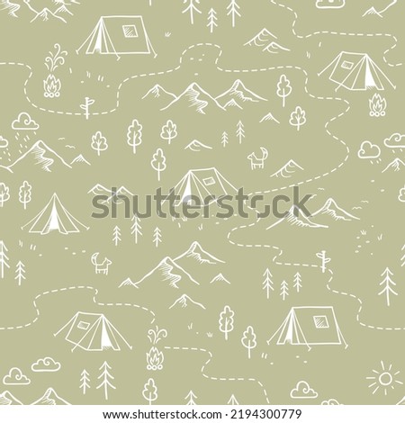 Cute hand drawn vector seamless pattern with camping doodles, tents, landscape and trails, great for textiles, banners, wallpapers