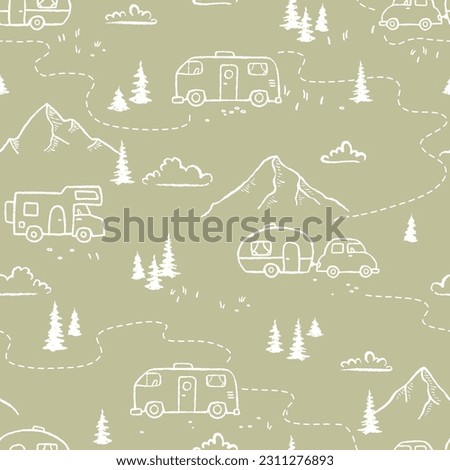 Road trip seamless pattern, doodle camper vans, vanlife, adventure - great for textiles, banners, wallpapers - vector design