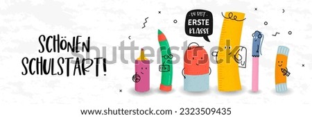 Cute hand drawn characters and German text saying 