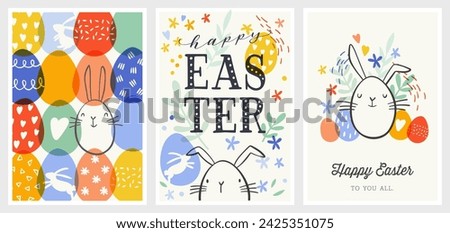 Happy Easter vector design templates.  Cute hand-drawn matching design with bunnies, eggs, fun fonts and flowers.