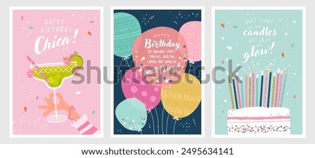 Set of birthday postcards with  confetti, balloons, cocktail, cake and hand writing. Invitations, happy birthday. Vector templates great for card, poster, flyer or banner