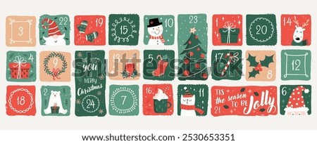 Cute hand drawn Christmas advent calendar. Lovely doodle drawings, vector design