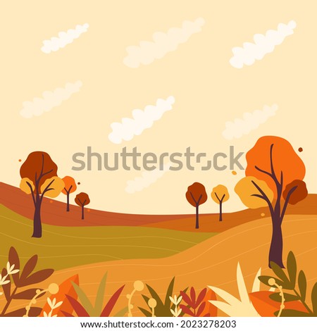 Vector autumn background, backdrop,wallpaper.Illustration with fall nature, trees and clouds. Plants, leaves, foliage are at the first ground.
