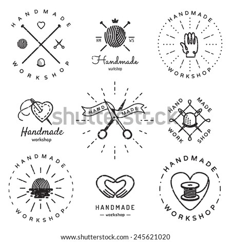Handmade workshop logo vintage vector set. Hipster and retro style. Perfect for your business design.