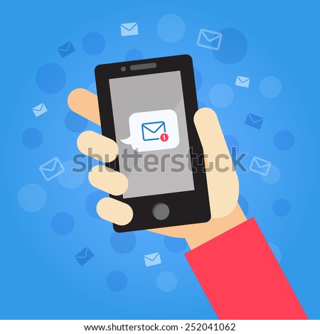 Smart phone in hand with message (email). On the blue background with envelops and dots.