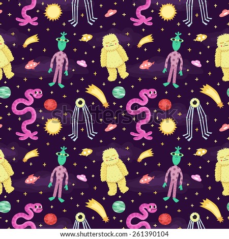 Seamless vector space pattern with funny cartoon aliens and monsters. For kids and adults.