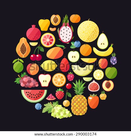 Fruit vector circle background. Modern flat design. Healthy food background. Big fruit set.