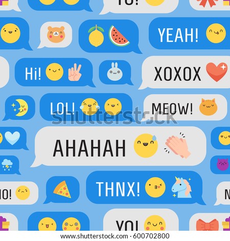 Messages with cute emoji and text seamless vector pattern.