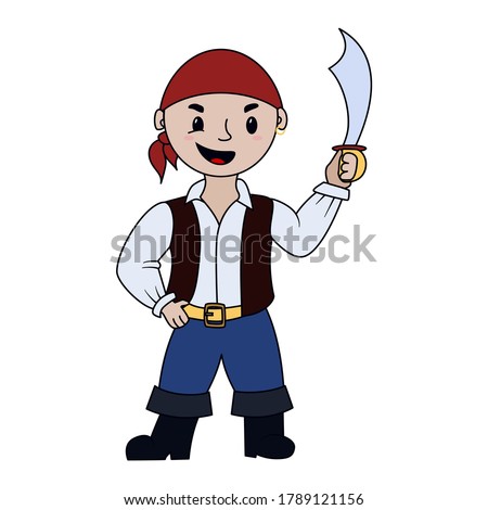 Cute little pirate kid with saber. Cartoon character. A Boy in halloween costume of pirate. Vector illustration isolated on white background.