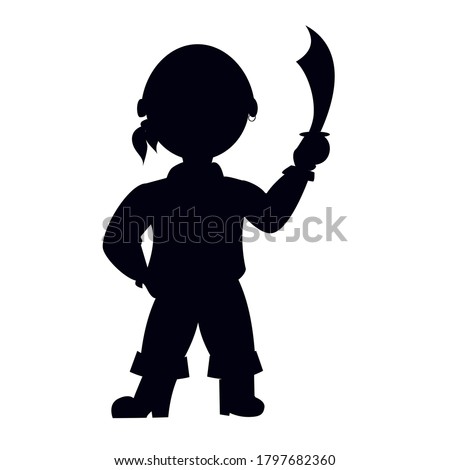 Vector illustration. Pirate silhouette with saber sword. Shadow of sailor isolated on white background.