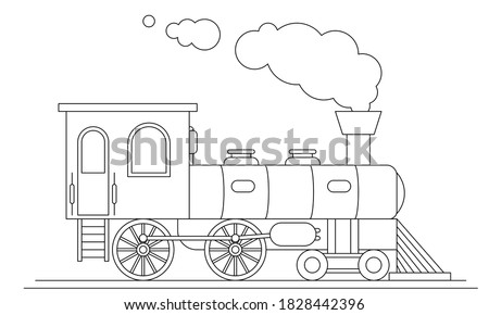 Steam train side view outline isolated on white background. Coloring page. Vector illustration.