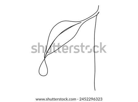 Drop of water dripping off a leaf, one line drawing vector illustration.