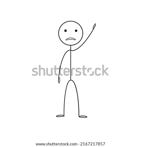 a sad man raised his hand up, the pictogram of the figure of a man isolated on a white background looks sad Foto stock © 