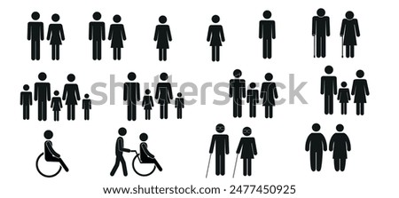 a set of icons depicting human figures, men, women, children, families, adults, families with children, the elderly, people in a wheelchair, with vision problems, health, flat vector illustration