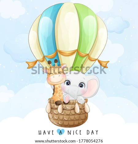 Cute little giraffe and elephant flying with air balloon illustration