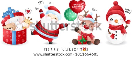 Cute doodle santa claus and friends for christmas day with watercolor illustration