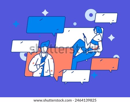 Virtual characters social communication concept business flat vector hand drawn illustration
