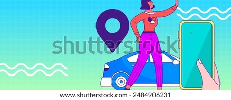 Flat vector concept operation hand drawn illustration of people taking a taxi
