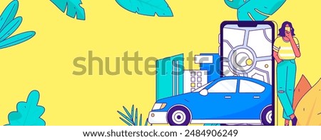 Flat vector concept operation hand drawn illustration of people taking a taxi
