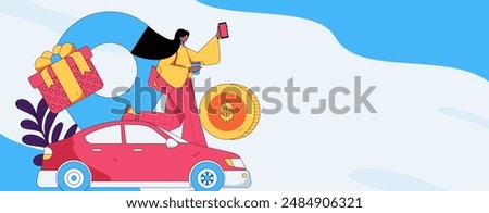 Flat vector concept operation hand drawn illustration of people taking a taxi
