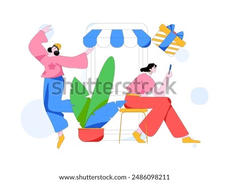 Holiday shopping people doing e-commerce online shopping flat vector concept operation hand drawn illustration
