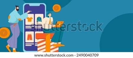 Holiday shopping people doing e-commerce online shopping flat vector concept operation hand drawn illustration
