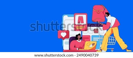 Holiday shopping people doing e-commerce online shopping flat vector concept operation hand drawn illustration
