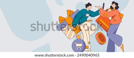 Holiday shopping people doing e-commerce online shopping flat vector concept operation hand drawn illustration
