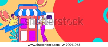 Holiday shopping people doing e-commerce online shopping flat vector concept operation hand drawn illustration
