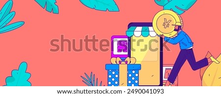 Holiday shopping people doing e-commerce online shopping flat vector concept operation hand drawn illustration
